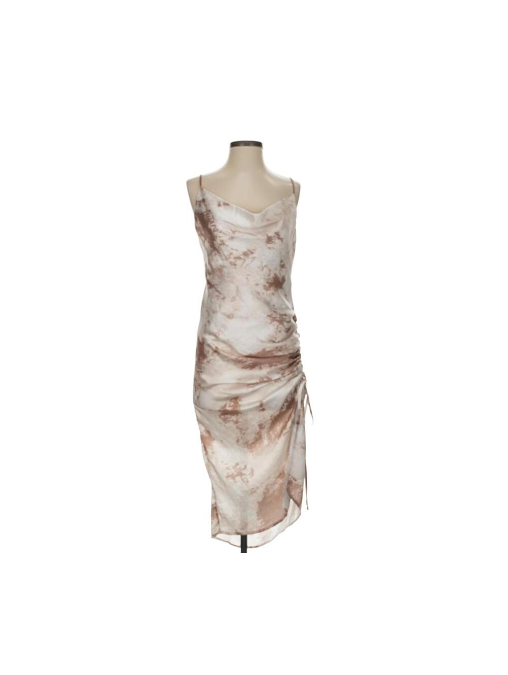 Starlow Satin Slip Dress Womens L Cowl Neck Ruched Slit Midi Cocktail Dress